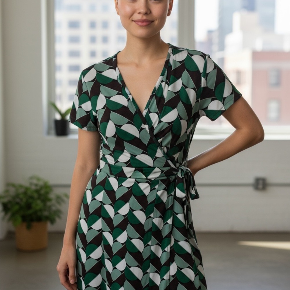 Ann Taylor Factory Abstract Green and Black Midi Dress